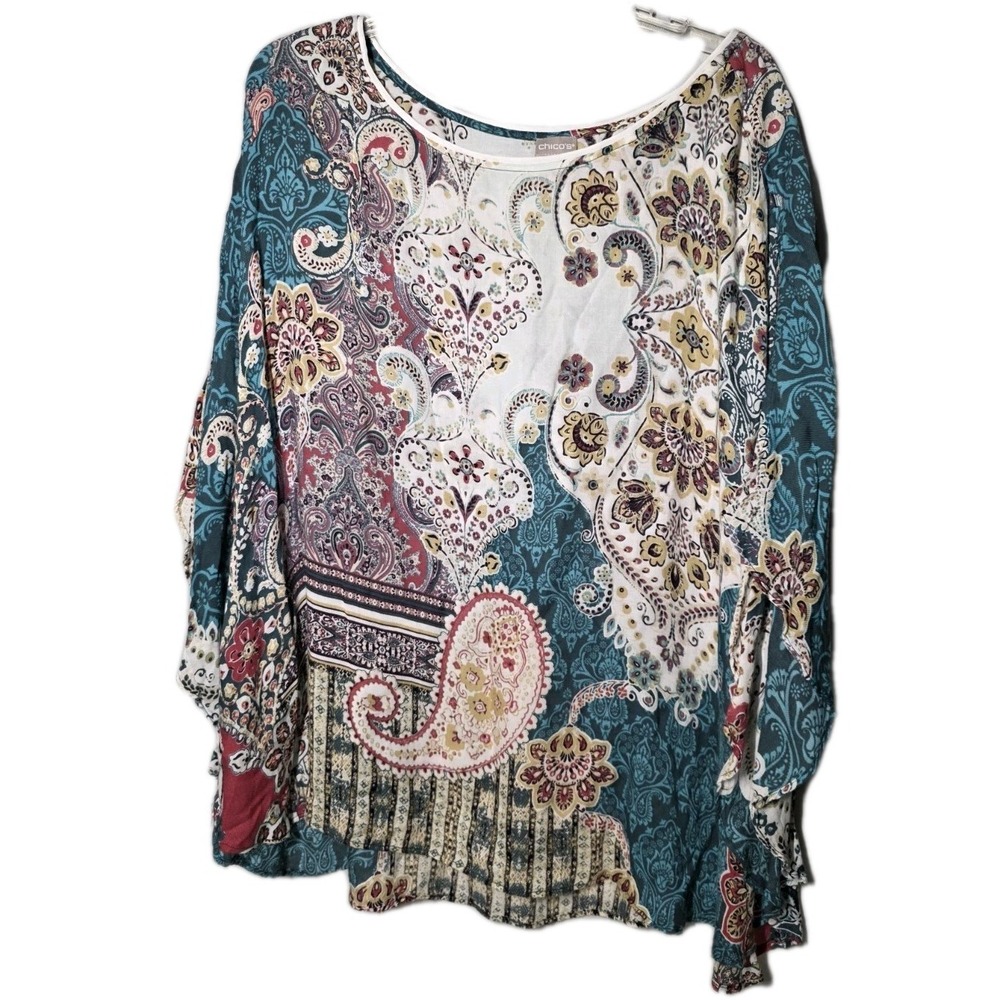 Chico's Moroccan Dreams Poncho Top Womens L/XL Vibrant Colors Paisley